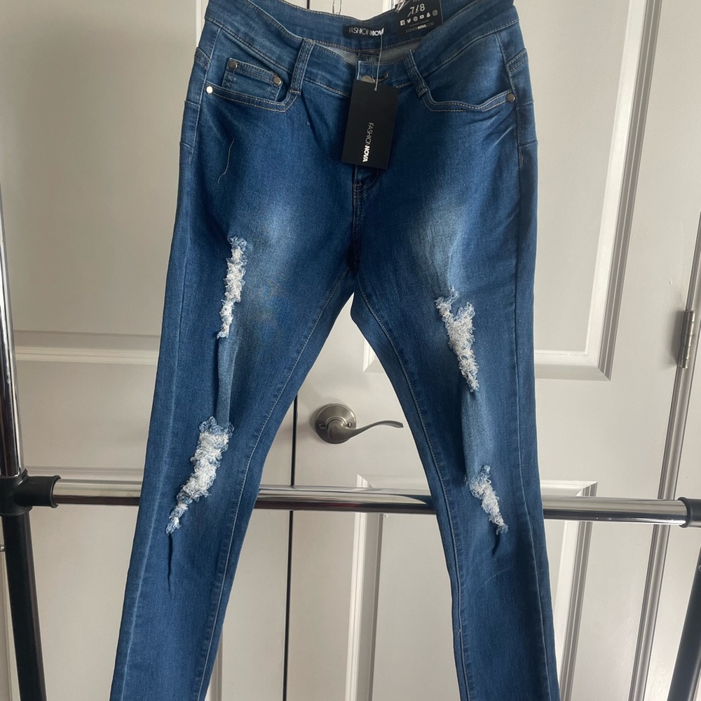 Fashion Nova Blue Skinny Jeans with Distressed Details